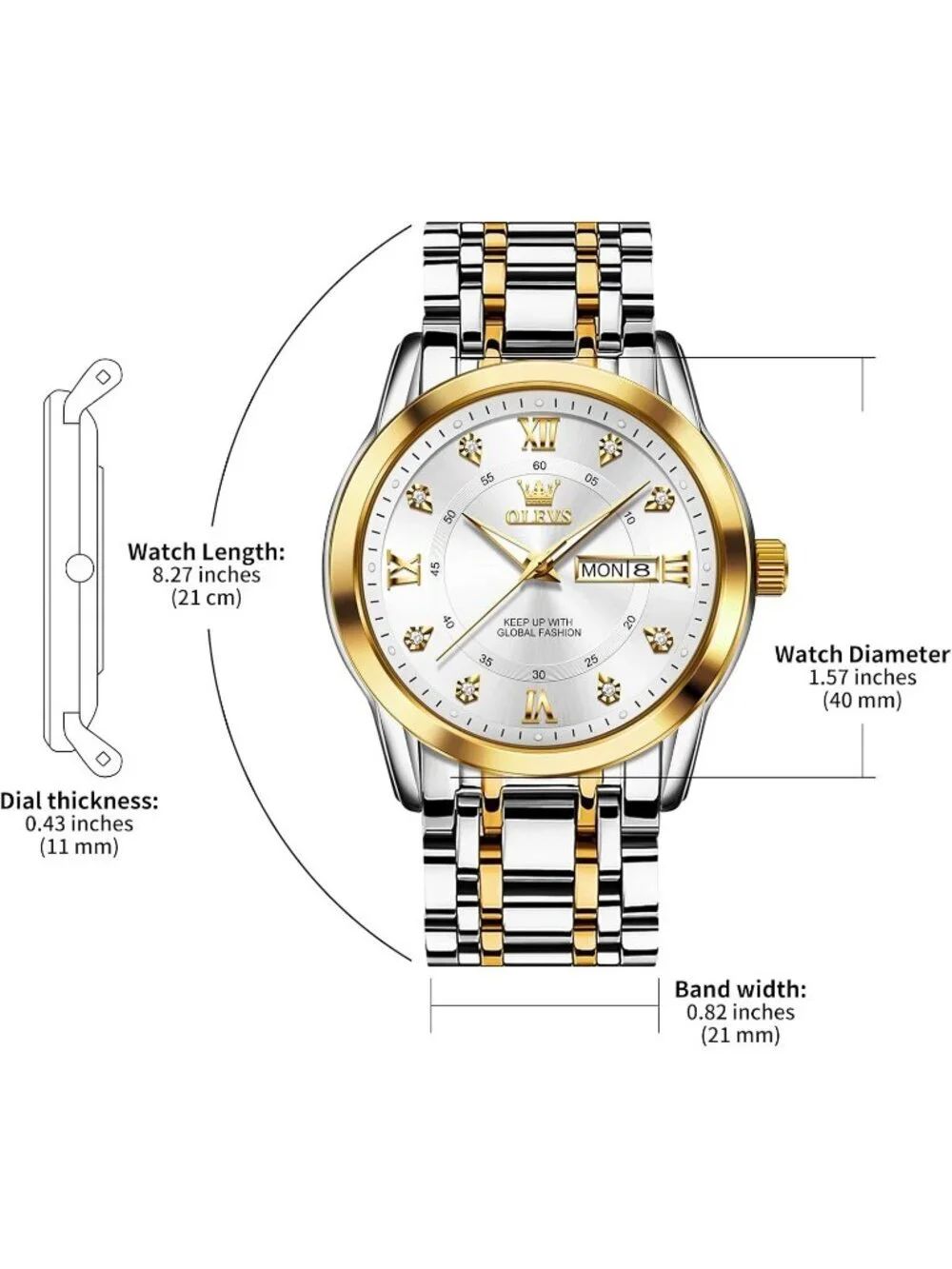 Men's Silver Gold Stainless Steel Waterproof Roman Numbers Diamond Classic Watch
